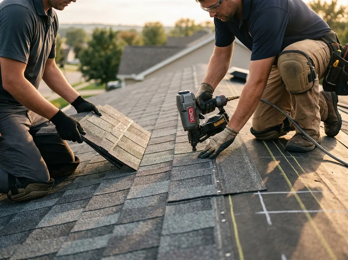 Professional roofer working on a residential roof in Shillington